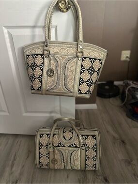Handcrafted Neutral Embossed Pattern Tote and Satchel Set Banda